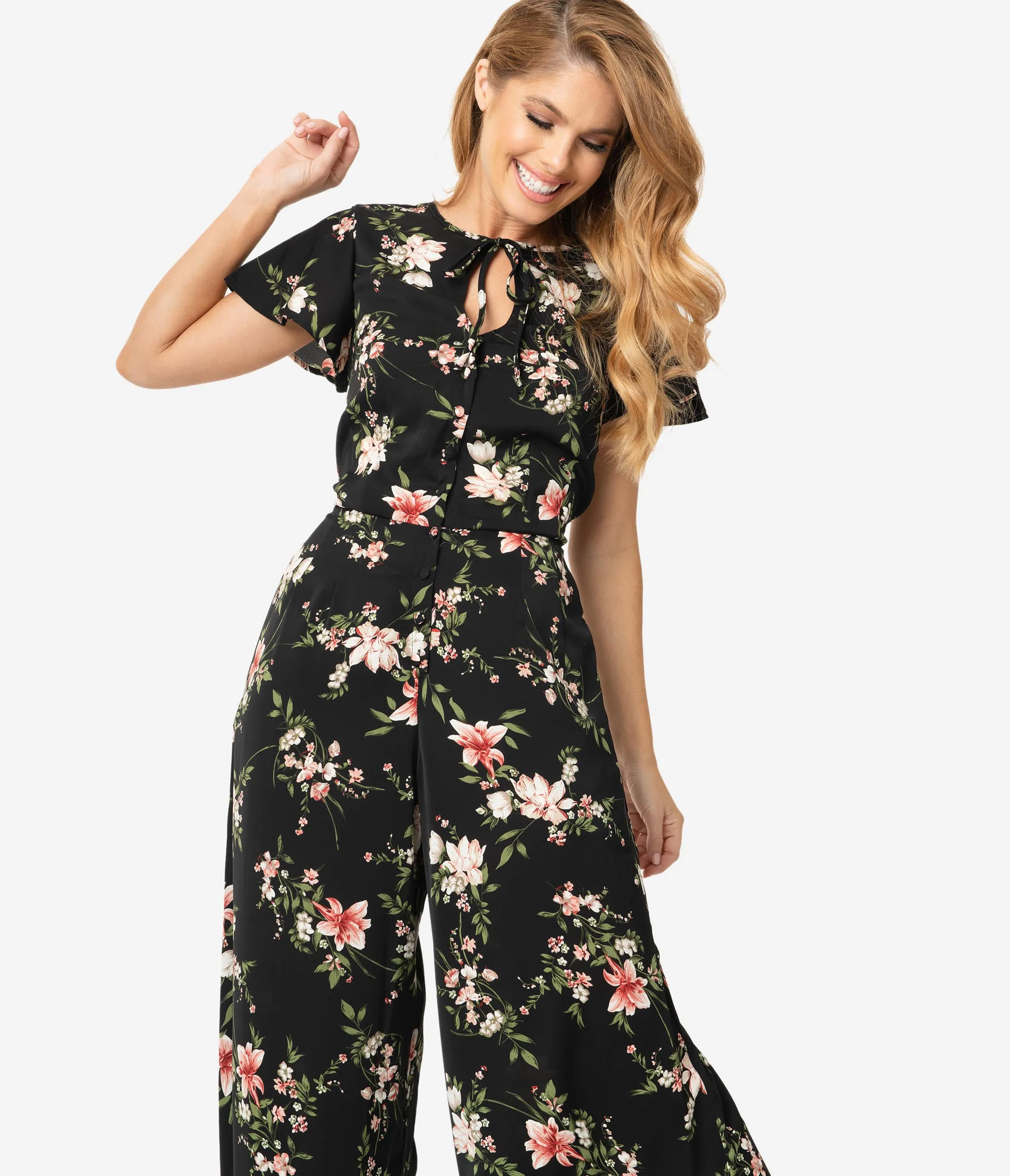 Unique Vintage 1960s Black & Pink Floral Orleans Jumpsuit