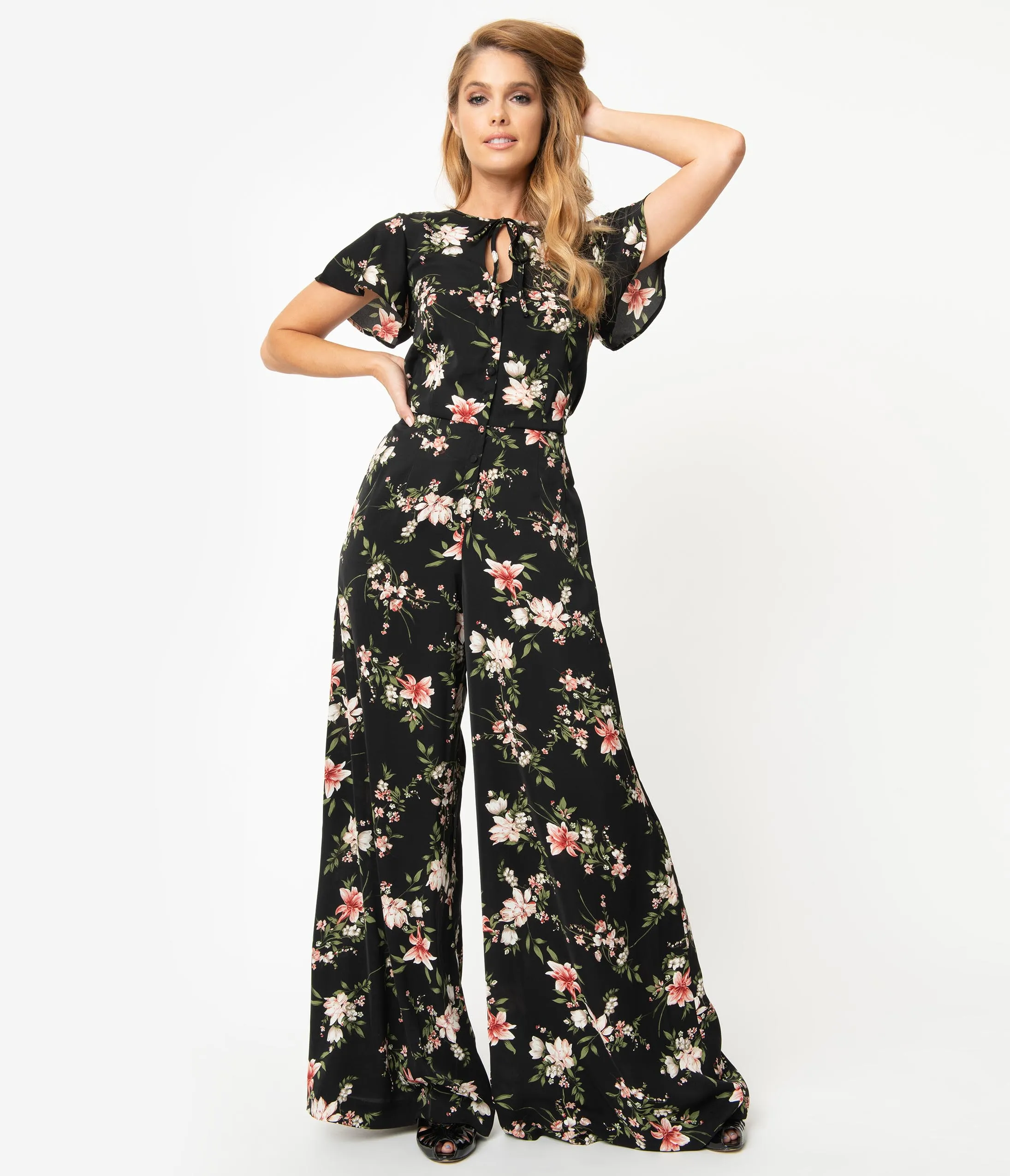 Unique Vintage 1960s Black & Pink Floral Orleans Jumpsuit