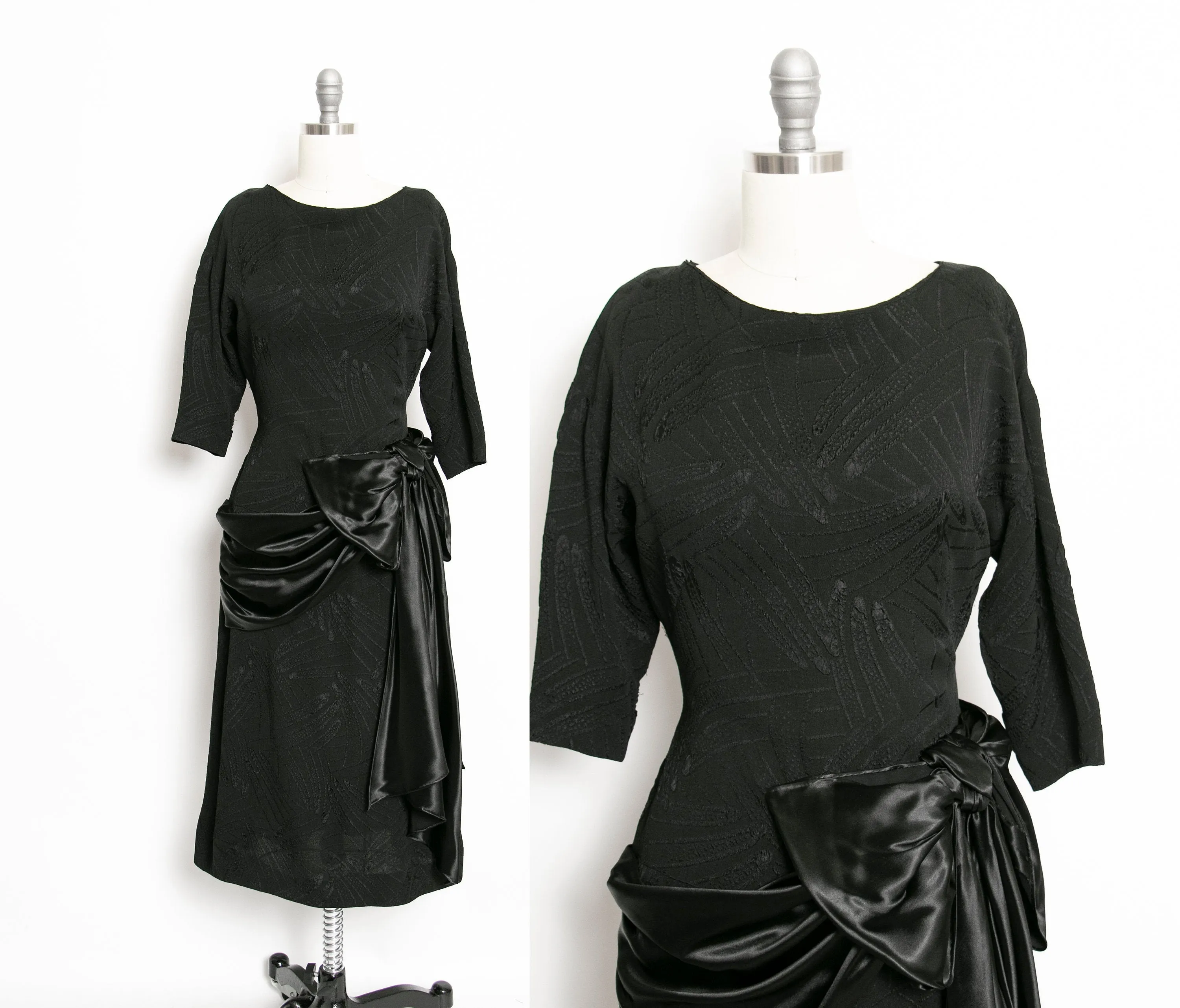 Vintage 1940s Dress Black Rayon Crepe Bow 40s Small S