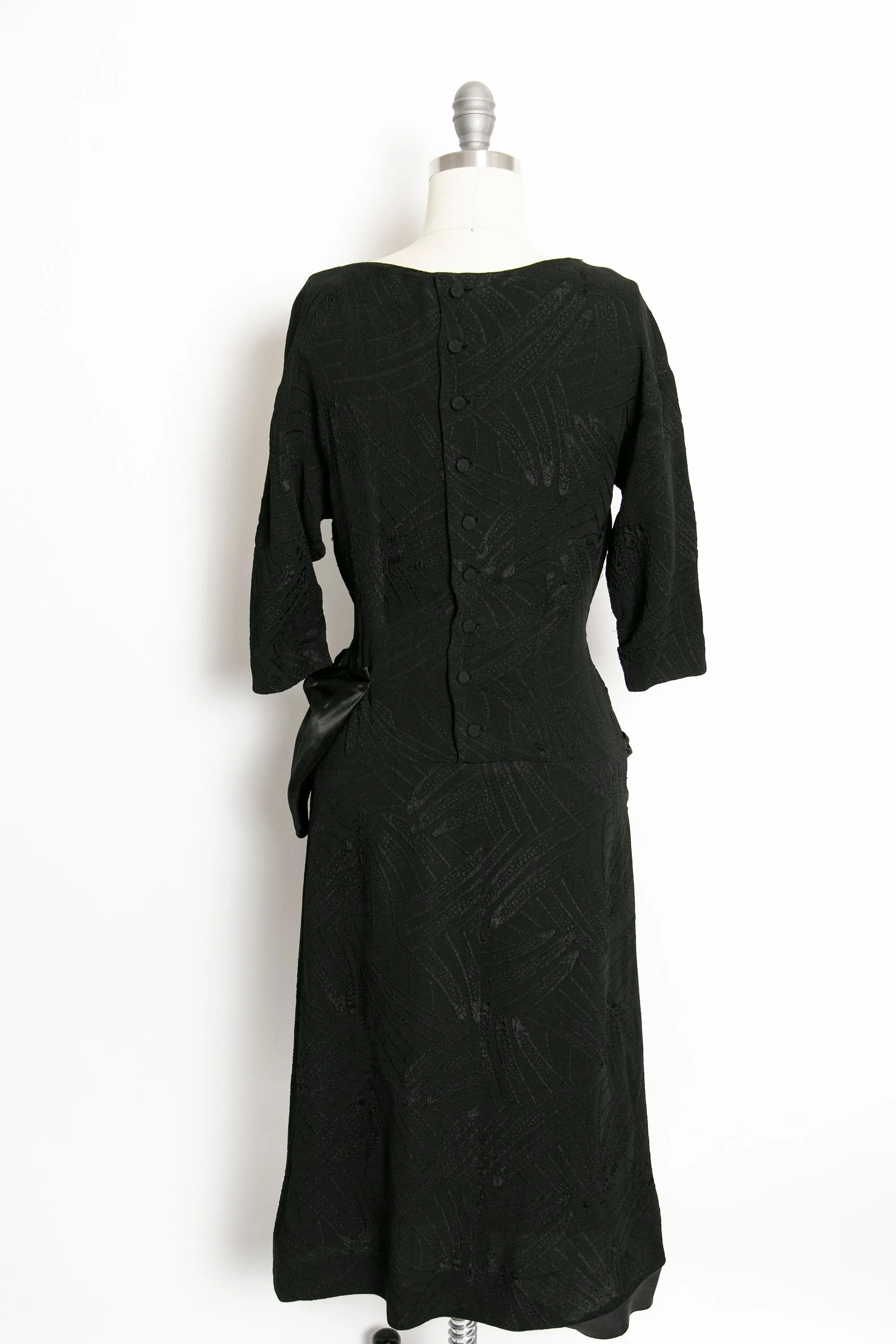 Vintage 1940s Dress Black Rayon Crepe Bow 40s Small S