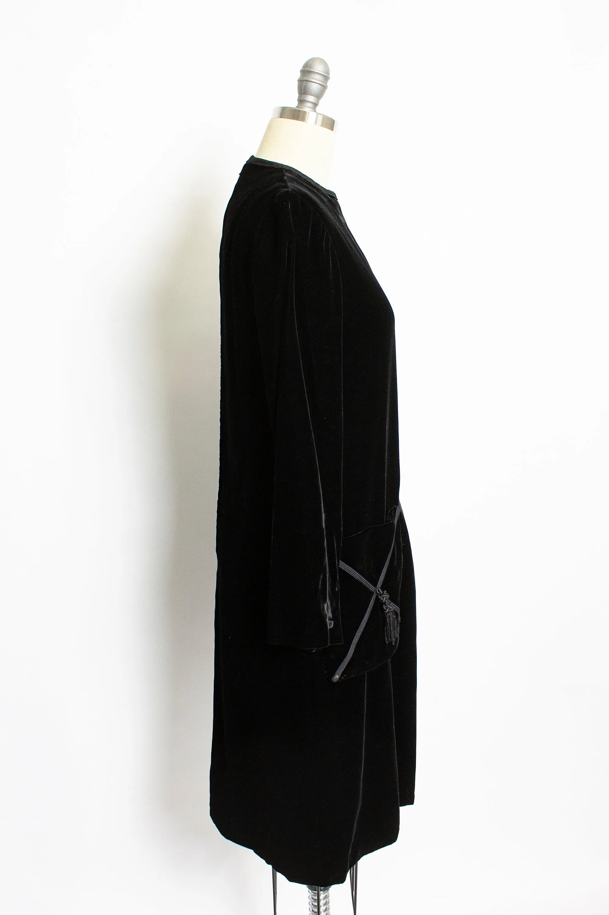 Vintage 1960s Dress Black Velvet Tassels Pockets Cocktail 60s Small