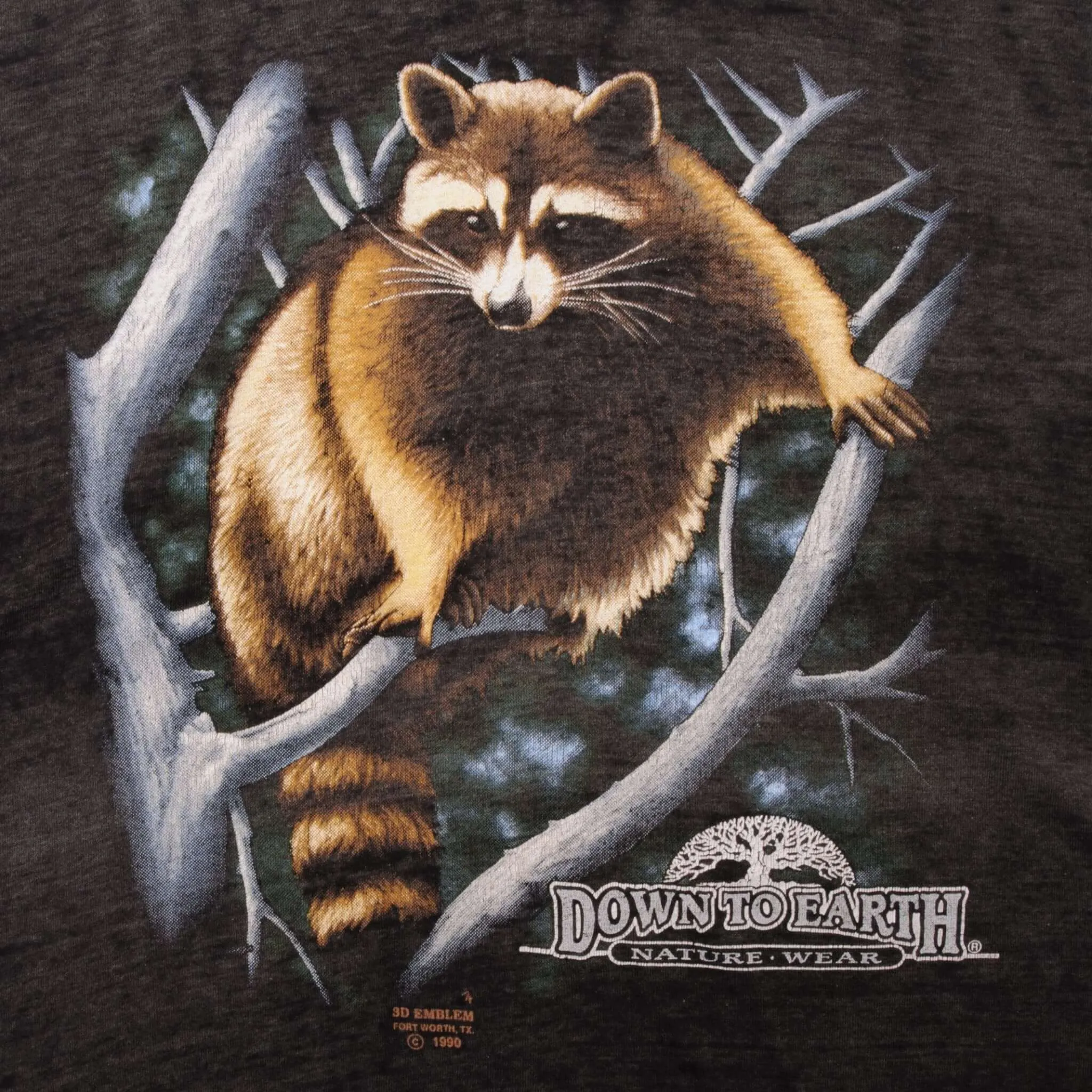 VINTAGE 3D EMBLEM DOWN TO EARTH RACCOON TEE SHIRT 1990 LARGE MADE IN USA