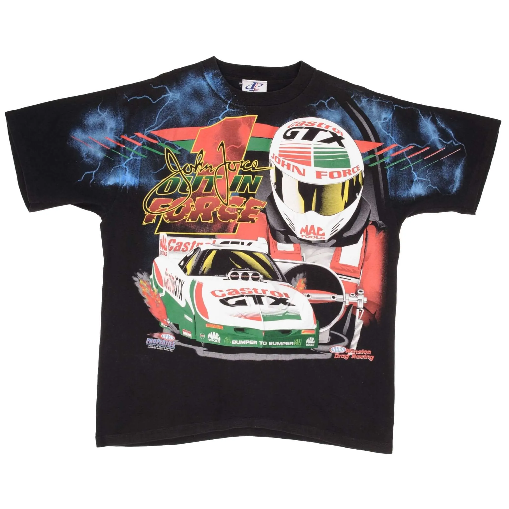 VINTAGE ALLOVER PRINT RACING NHRA JOHN FORCE 1990S TEE SHIRT LARGE MADE IN USA