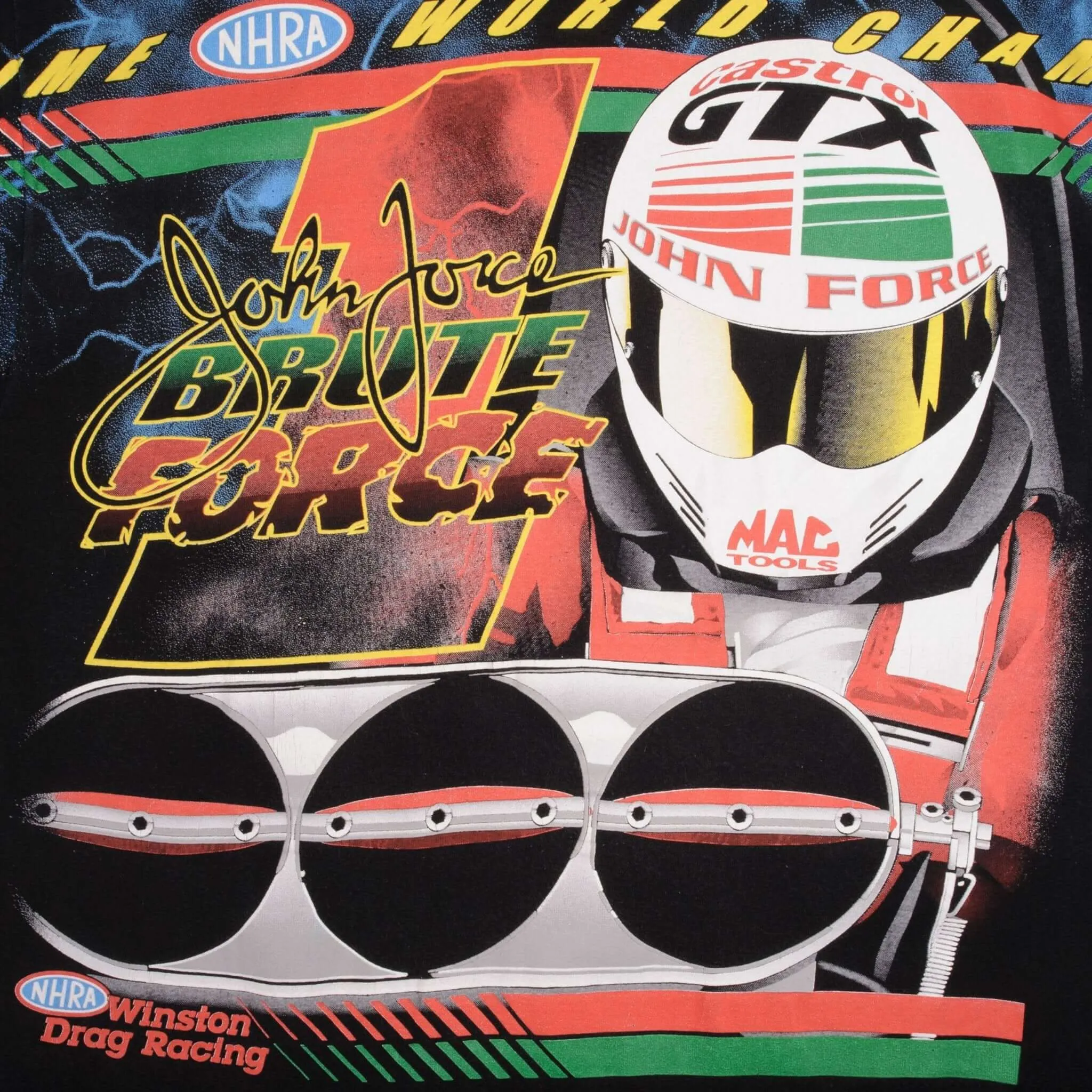 VINTAGE ALLOVER PRINT RACING NHRA JOHN FORCE 1990S TEE SHIRT LARGE MADE IN USA