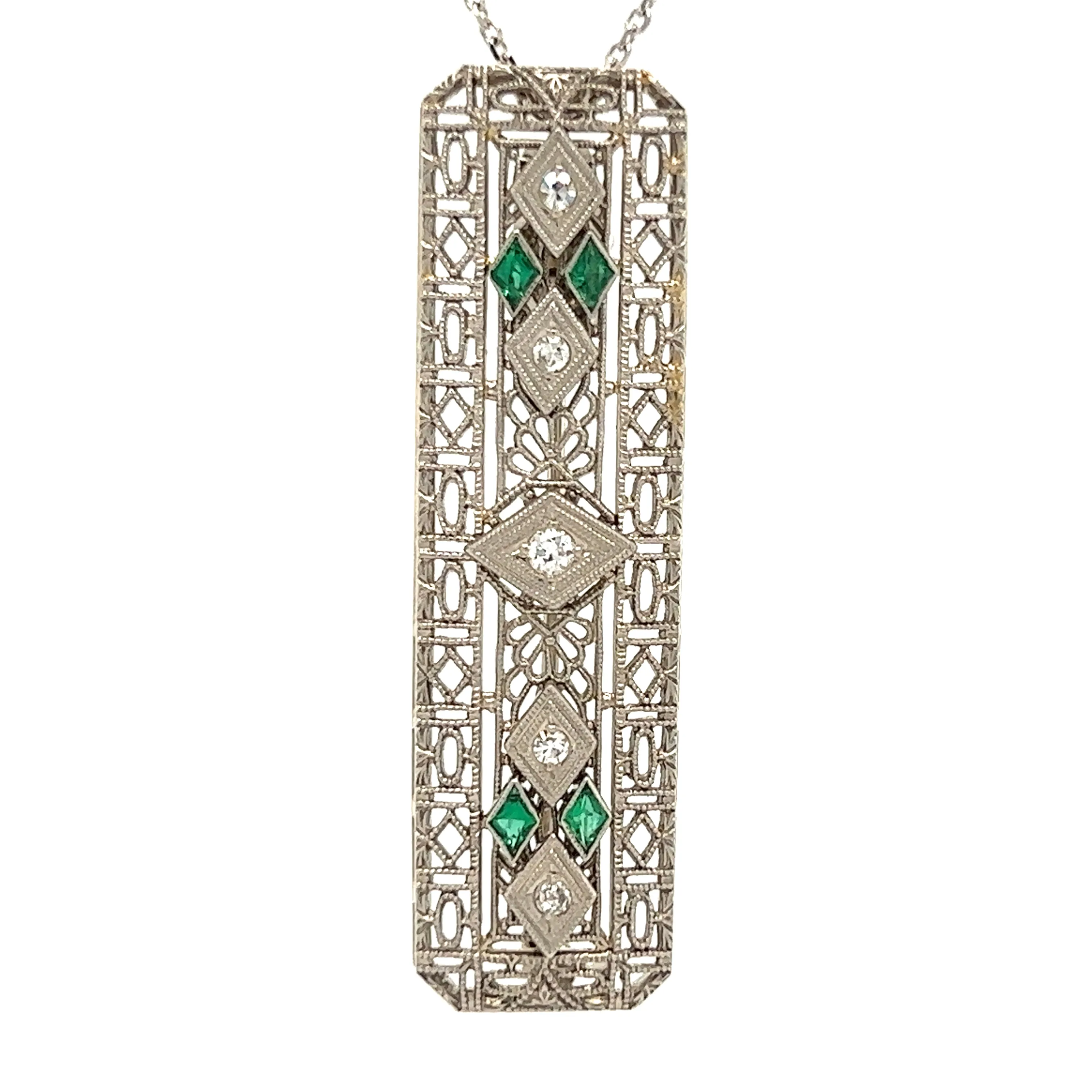 Vintage Diamond Pin With Four Emeralds in 14K White Gold