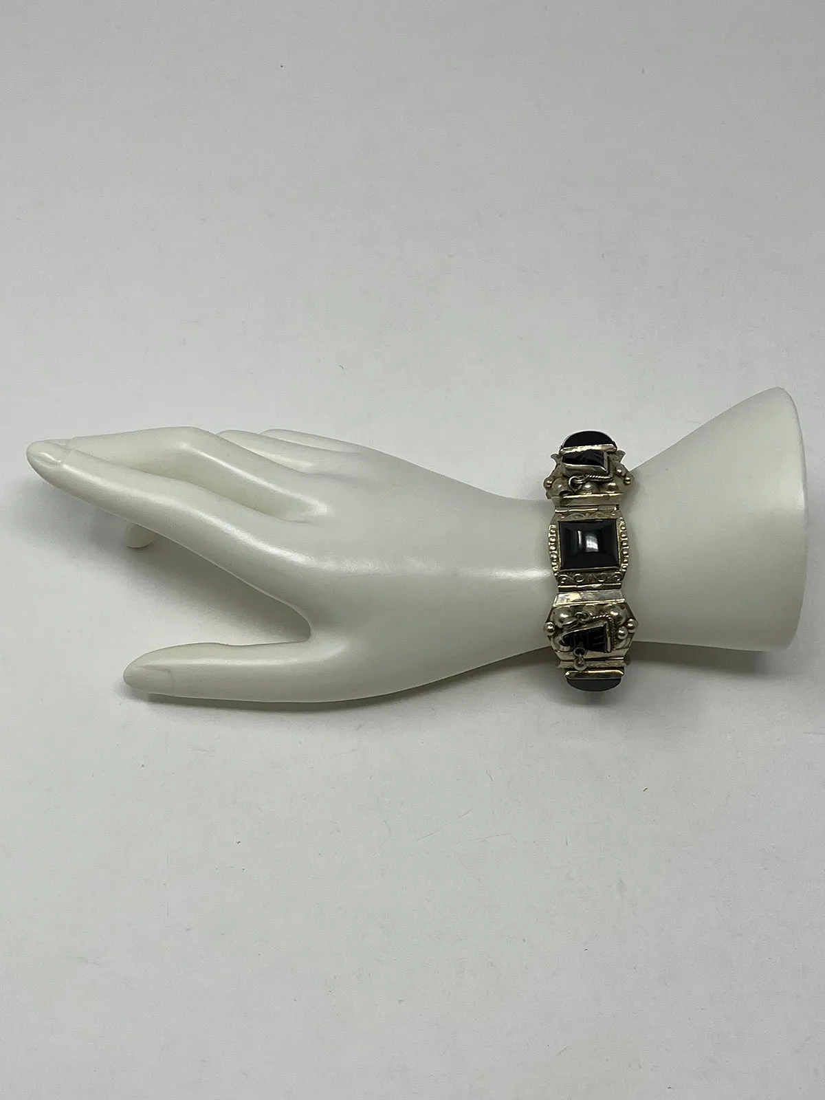 Vintage Sterling Silver Black Onyx Carved Bracelet