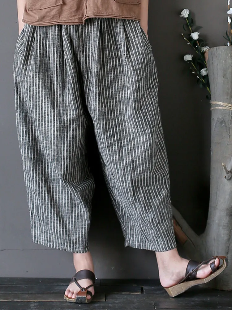 Vintage Women Stripe Pockets Loose Cotton Pants