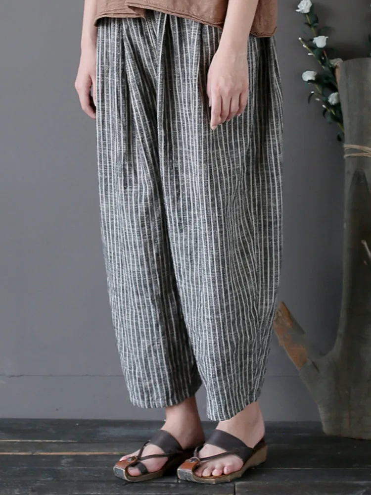 Vintage Women Stripe Pockets Loose Cotton Pants