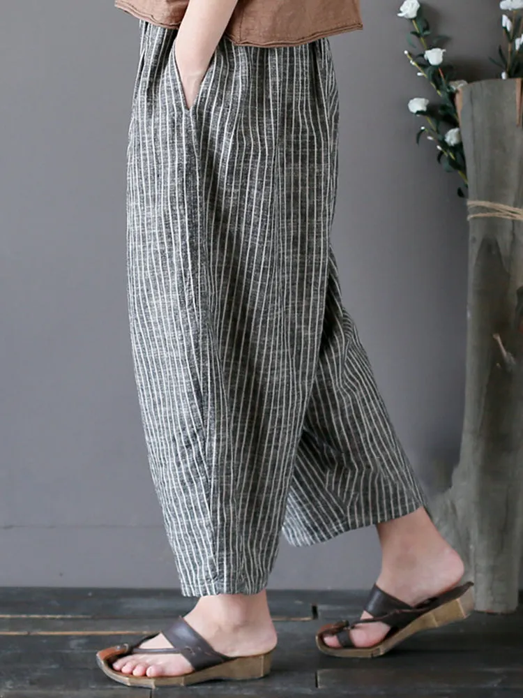 Vintage Women Stripe Pockets Loose Cotton Pants