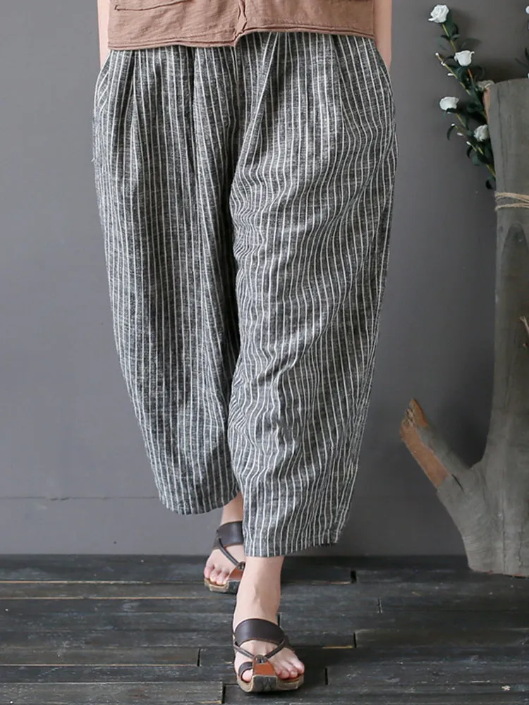 Vintage Women Stripe Pockets Loose Cotton Pants