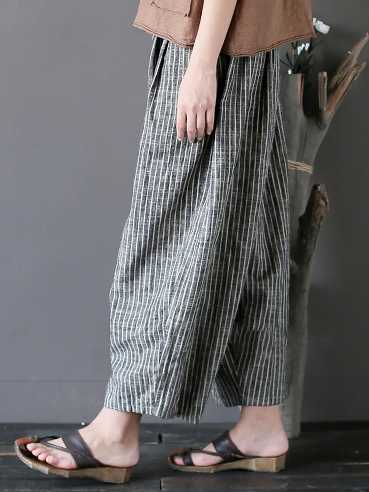 Vintage Women Stripe Pockets Loose Cotton Pants