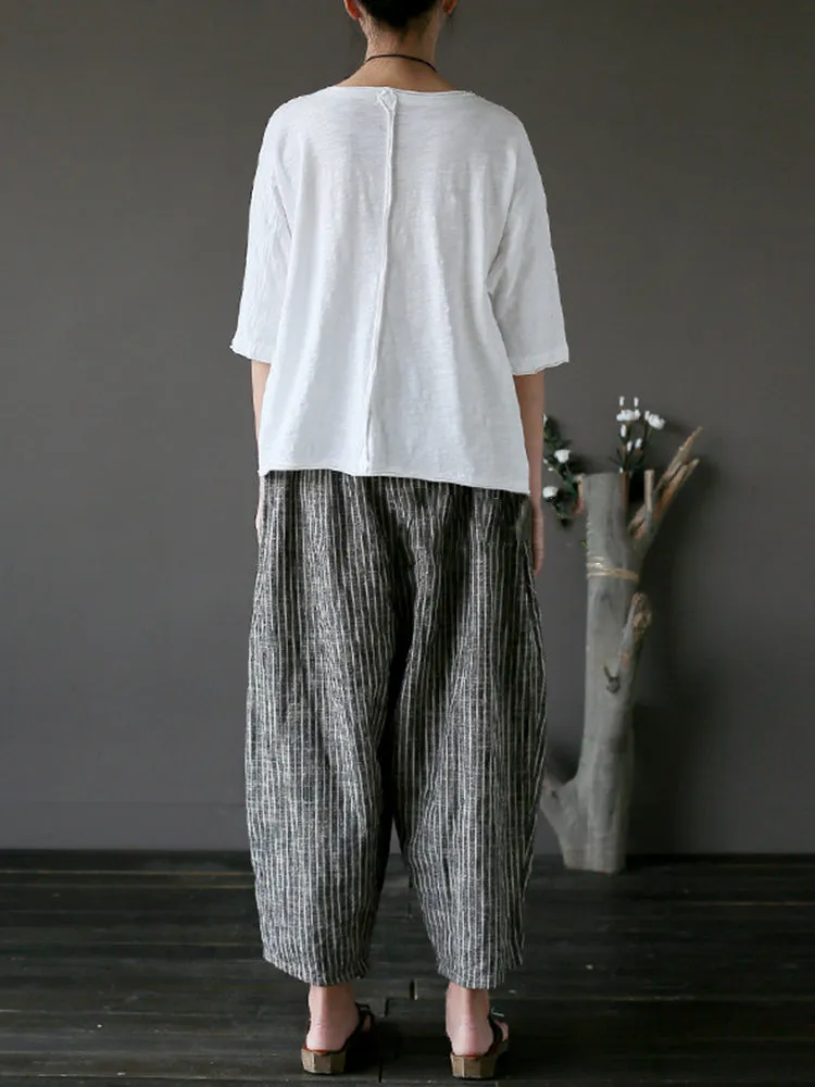 Vintage Women Stripe Pockets Loose Cotton Pants