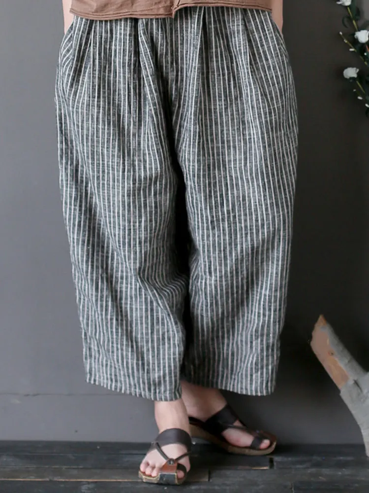 Vintage Women Stripe Pockets Loose Cotton Pants