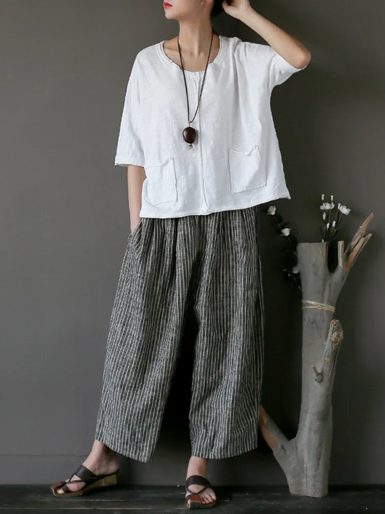 Vintage Women Stripe Pockets Loose Cotton Pants