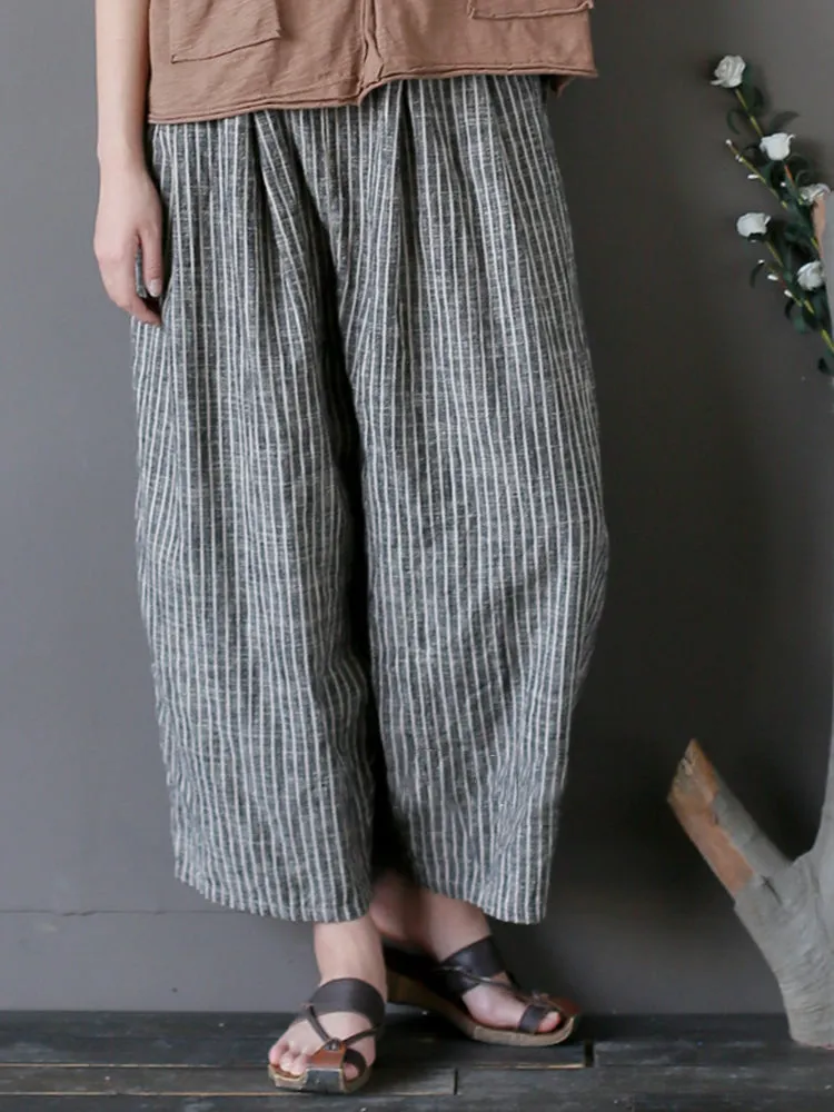 Vintage Women Stripe Pockets Loose Cotton Pants