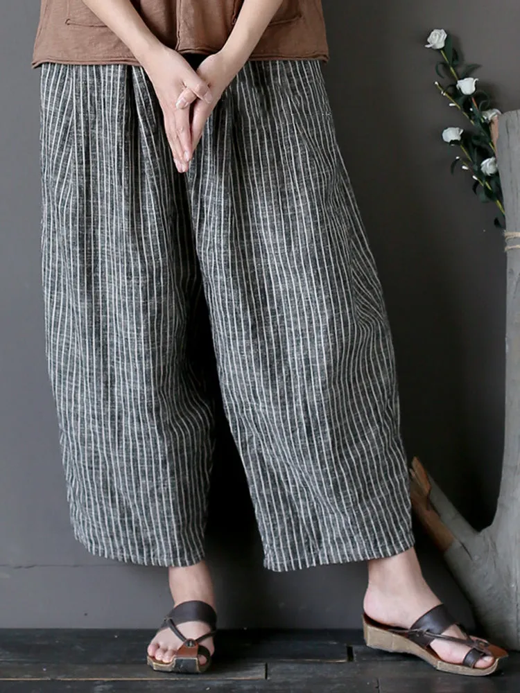 Vintage Women Stripe Pockets Loose Cotton Pants