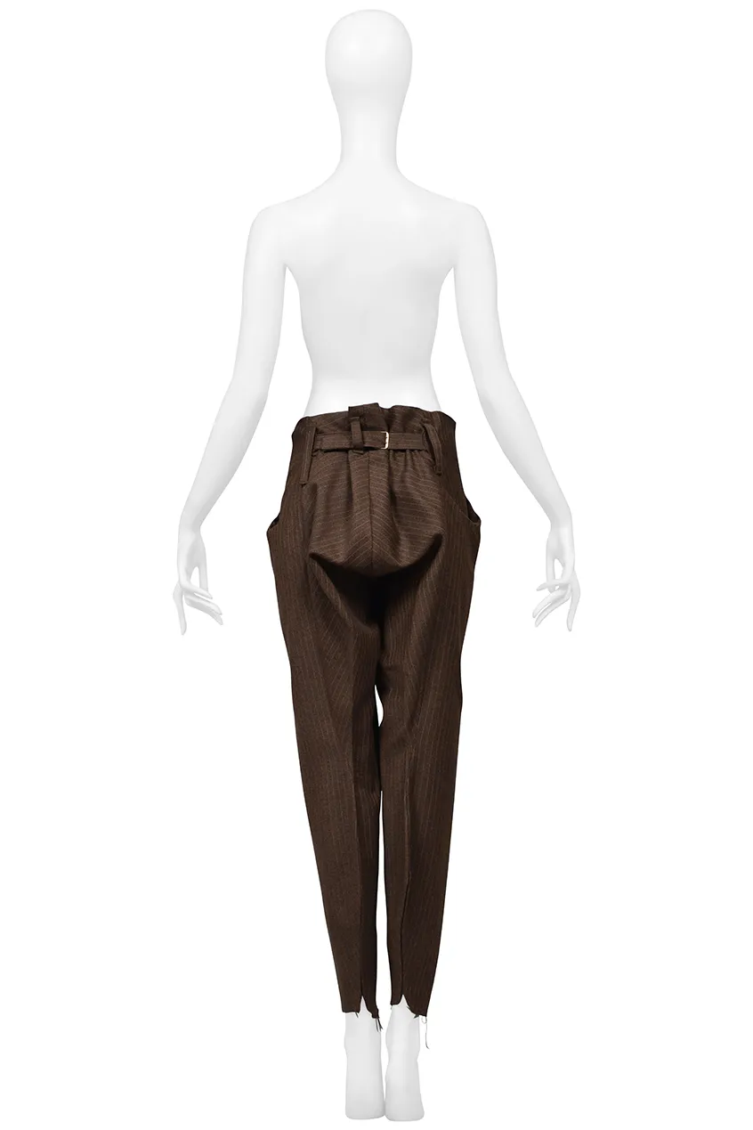 VIVIENNE WESTWOOD & MALCOLM MCLAREN WORLD'S END MENS BROWN STRIPED ASYMMETRICAL "SHARK" PANTS AW PIRATE COLLECTION 1981-82