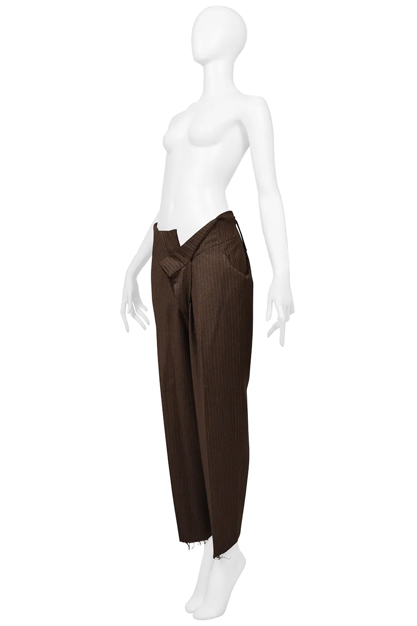 VIVIENNE WESTWOOD & MALCOLM MCLAREN WORLD'S END MENS BROWN STRIPED ASYMMETRICAL "SHARK" PANTS AW PIRATE COLLECTION 1981-82