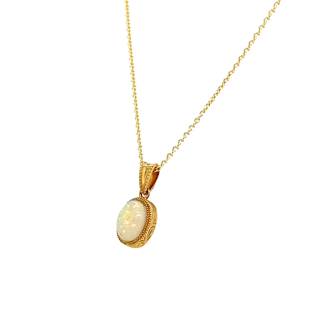 White Opal Pendant with Engraving and Milgrain Details in 14K Yellow Gold