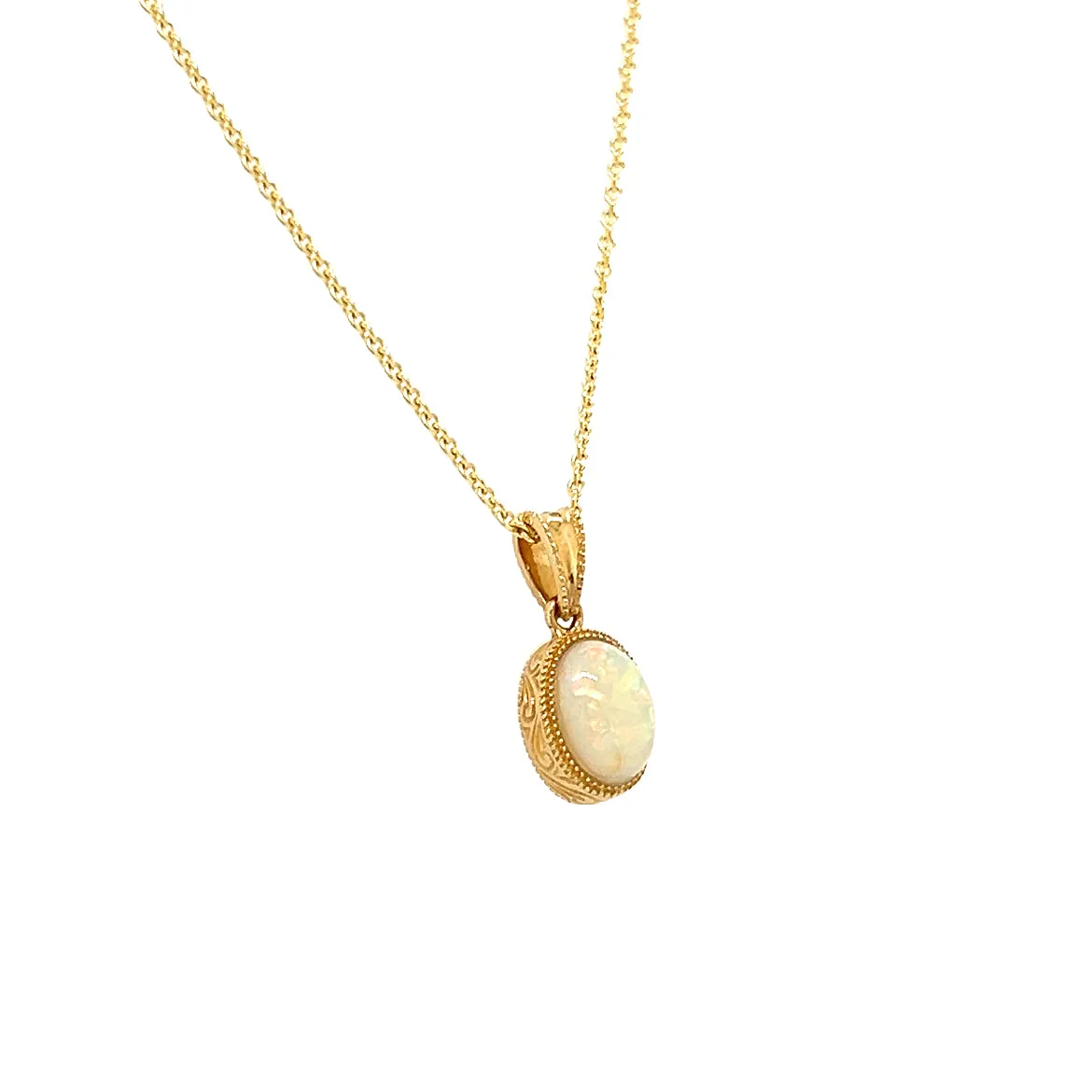 White Opal Pendant with Engraving and Milgrain Details in 14K Yellow Gold