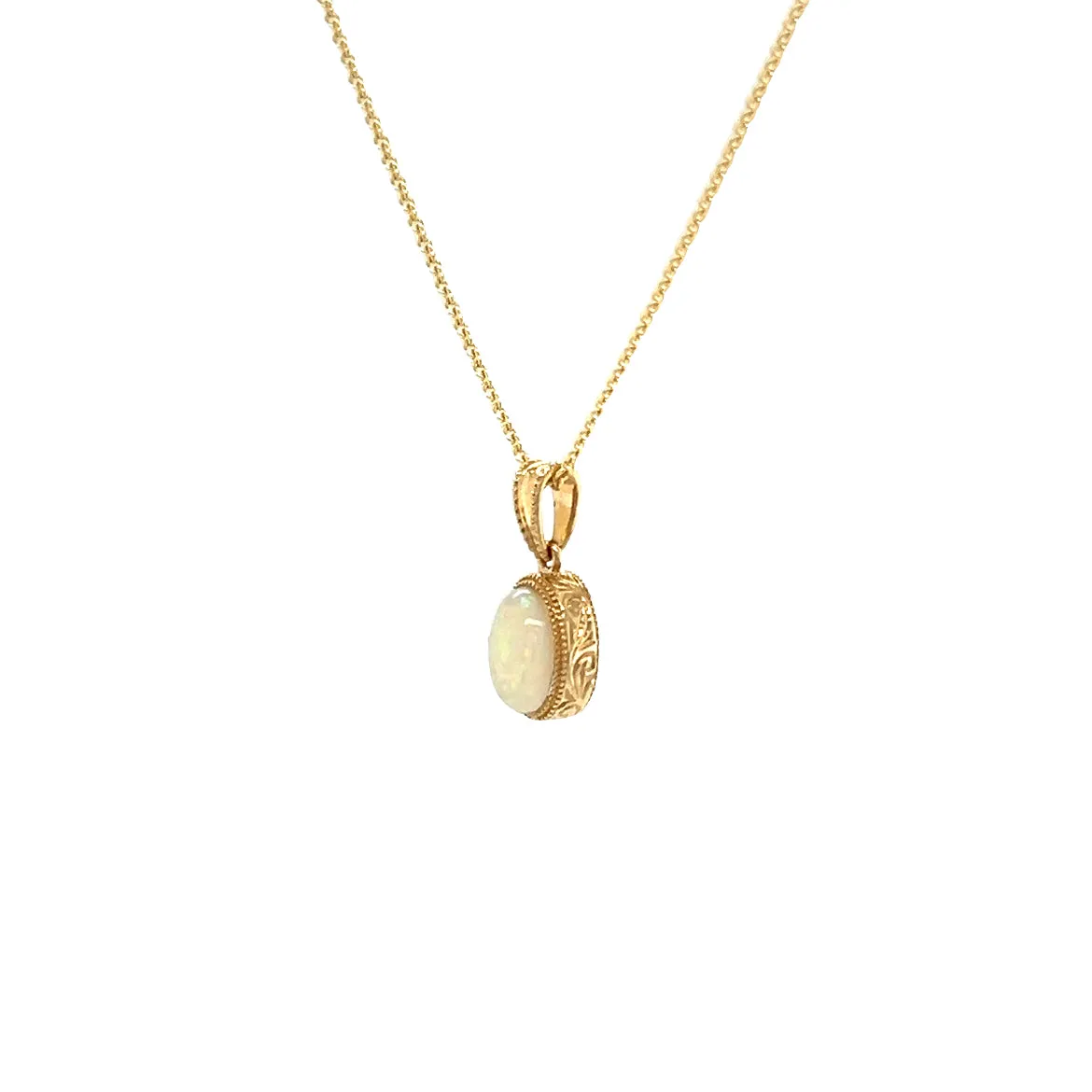 White Opal Pendant with Engraving and Milgrain Details in 14K Yellow Gold