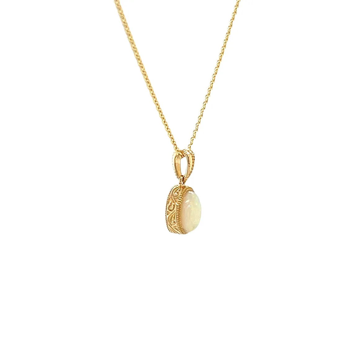 White Opal Pendant with Engraving and Milgrain Details in 14K Yellow Gold