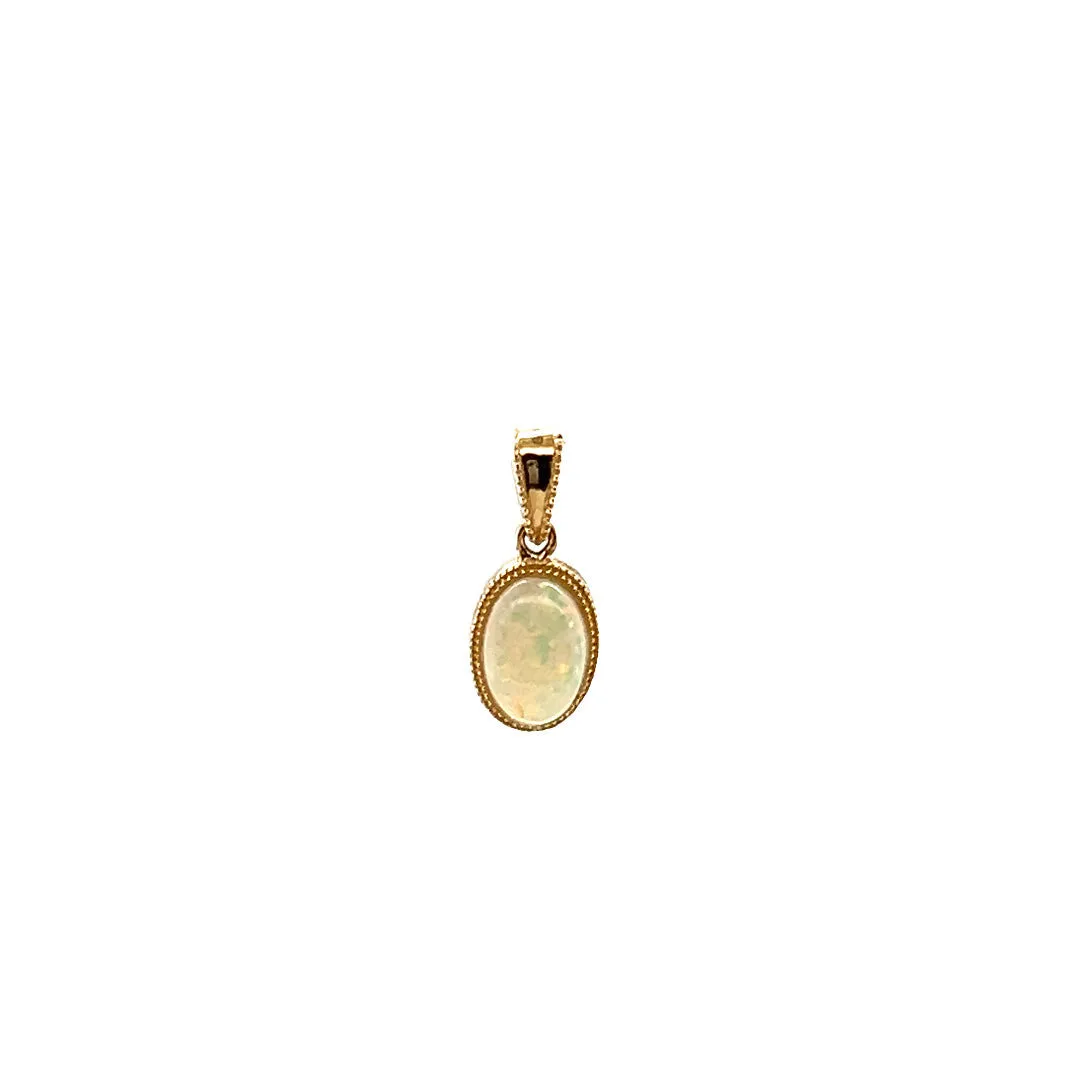 White Opal Pendant with Engraving and Milgrain Details in 14K Yellow Gold