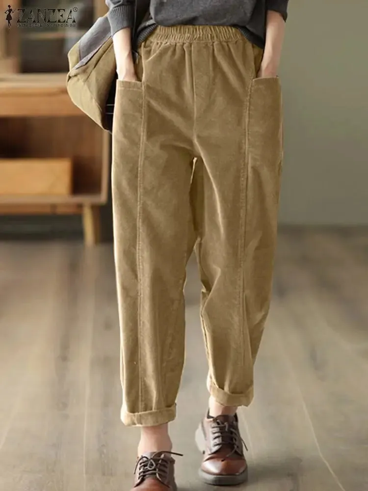 ZANZEA Women Loose Harem Trousers Long Pants 2024 Autumn Elastic Waist Pockets Pantalons Casual Fashion Solid Color Pants Femme